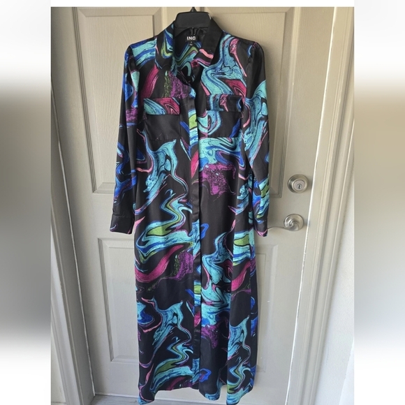 Inc International Satin Shirt Dress XS Women Button Up Pockets Colorful No Belt - Picture 2 of 14